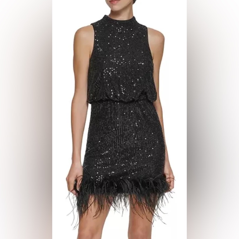 Eliza J Sequined Feather Hem Mini Dress. New With Tags.